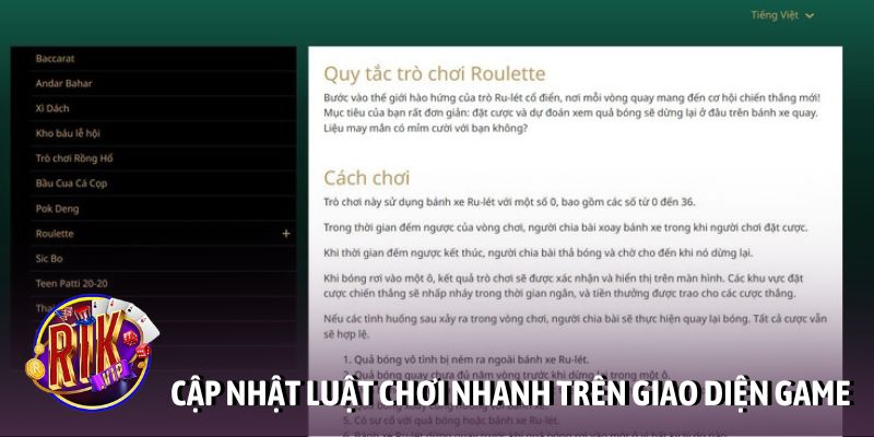 Cập nhật luật chơi nhanh trên giao diện game trực tiếp